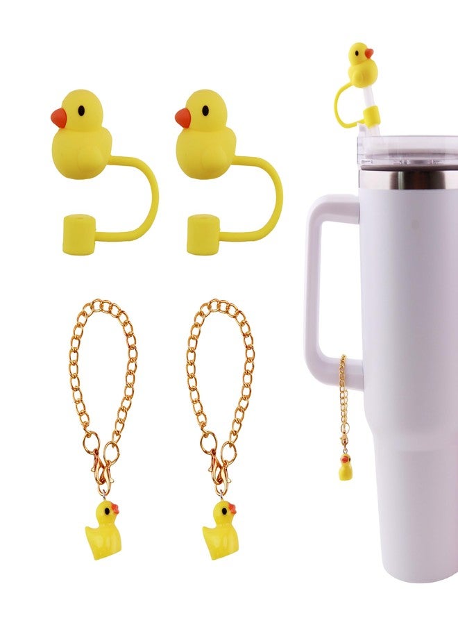 Acoavo Stanley Cup Duck Silicone Straw Topper - 2Pcs Mini Duck Cover Cap with 2Pcs Charm Accessories, Dust-Proof Reusable Tips for 30&40 Oz Tumbler - Image 1